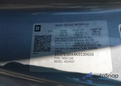 2019 Chevrolet Camaro 1Lt z USA, uszkodzony, nr VIN 1G1FB1RX4K0130658